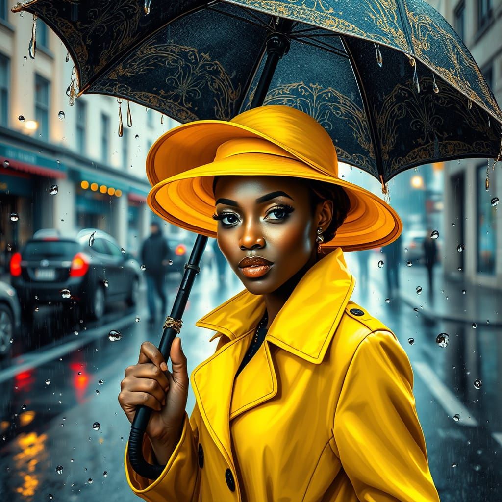 Confident Black Woman Embracing Rainy City Streets