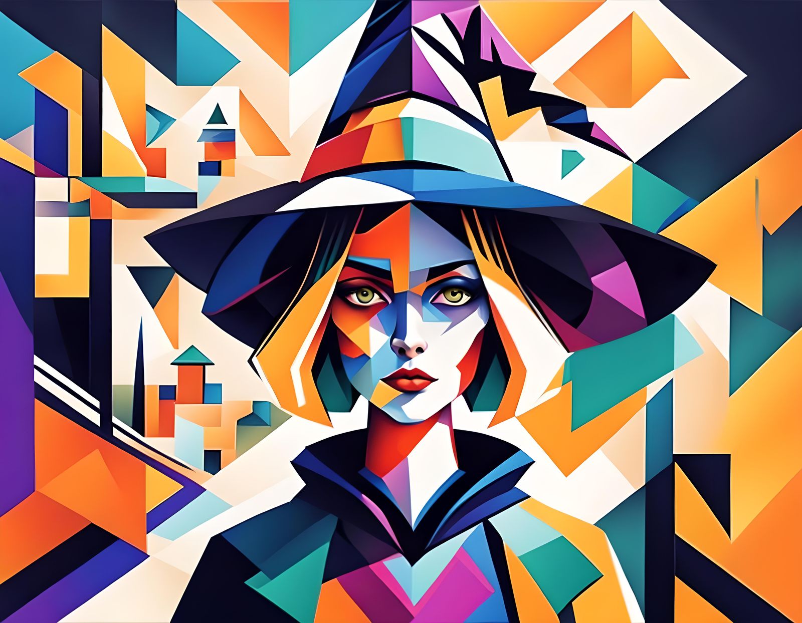 Witch in Cubist Style Double Exposure