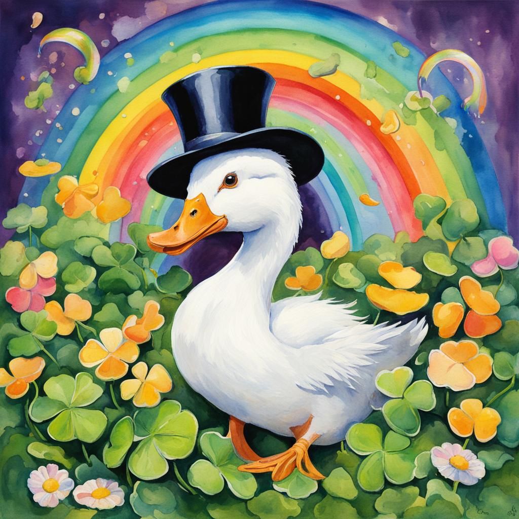 Lucky Duck with Clovers in Watercolor Style