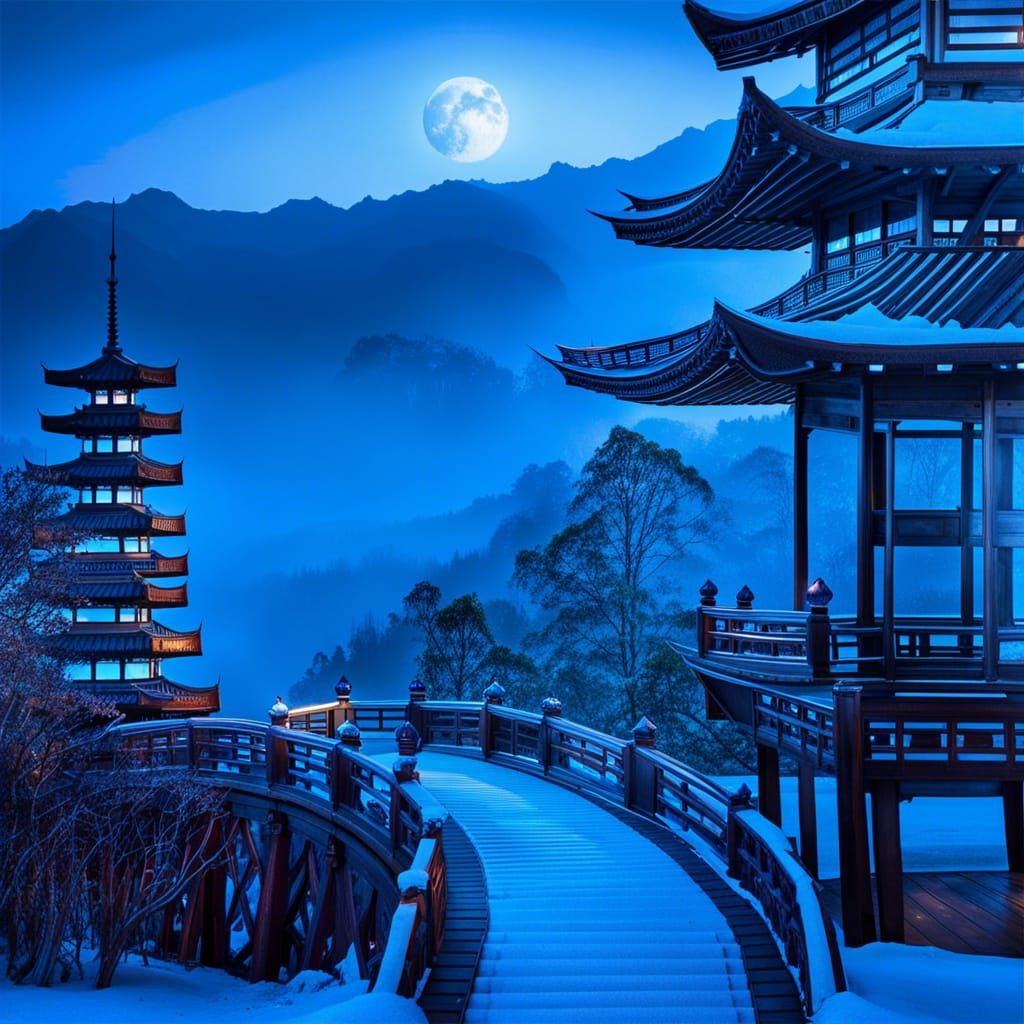 Mysterious Pagoda in Snowy Mountain Landscape