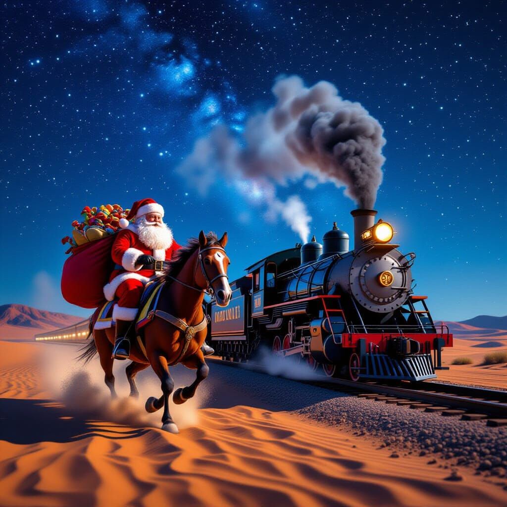 Santa Rides Horse Beside Speeding Train in Desert Night