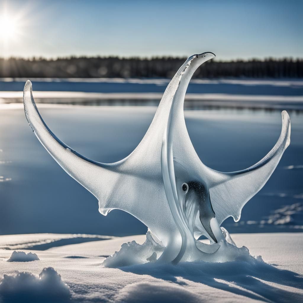 Graceful Manta Ray Ice Sculpture in Winter Light