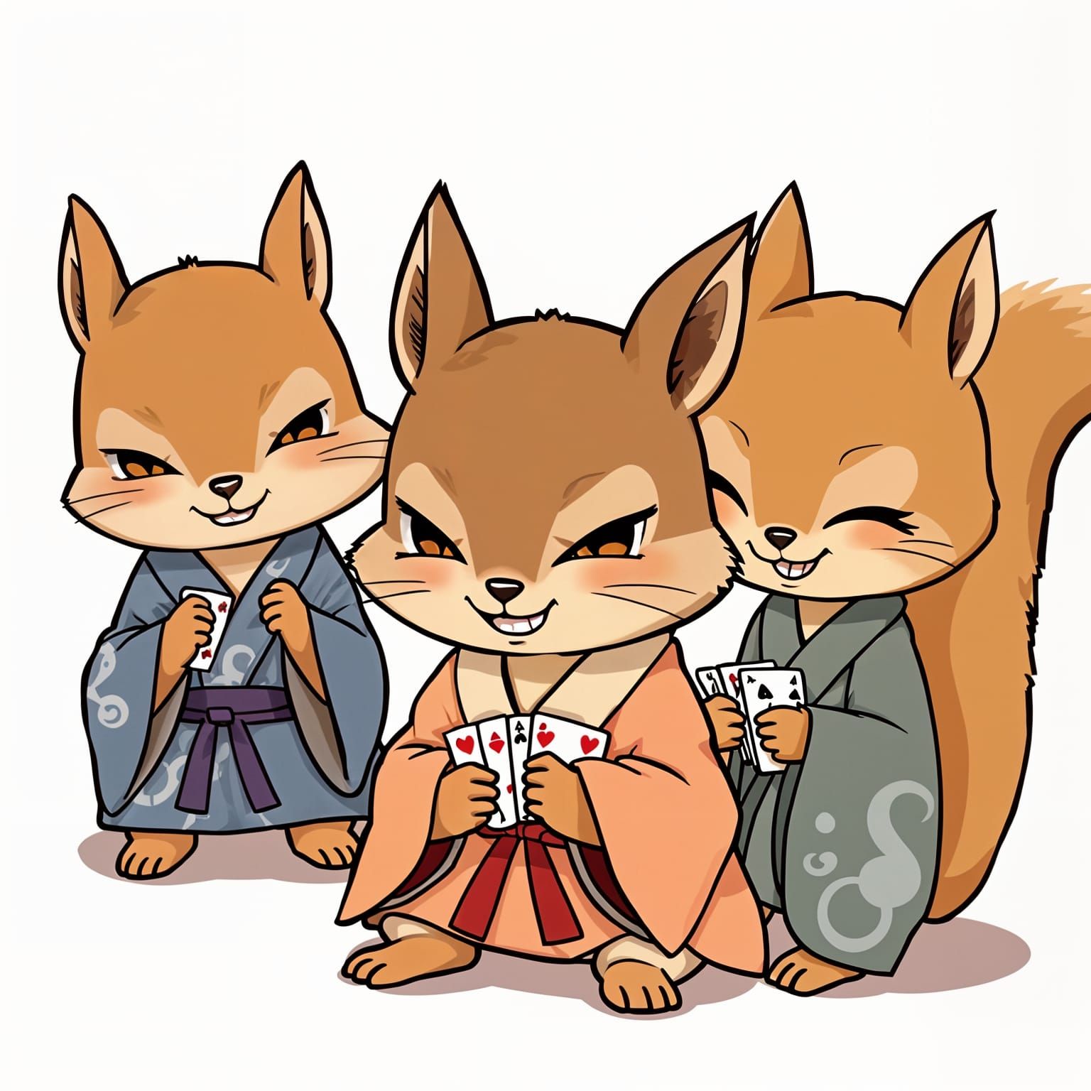Chibi Squirrels Playing Cards in Kimonos
