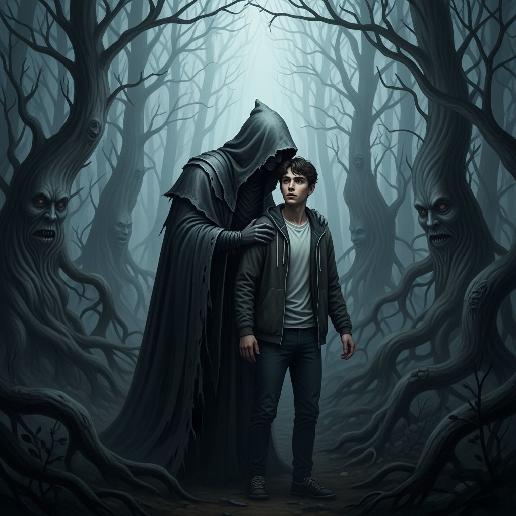Eerie Forest Whisper: Cloaked Figure in Dark Art