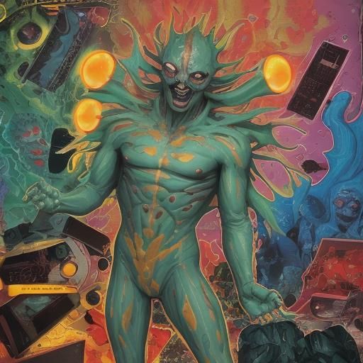 Amoeba personified; Disgusting amoeba-man hybrid; in retro 70d Italian horror style; molecular; lurid technicolor detail...