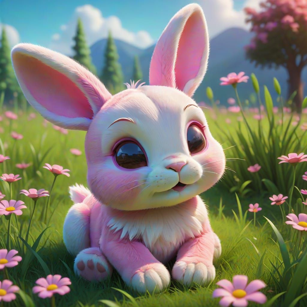 Whimsical Pink Bunny in a Vibrant Meadow Scene