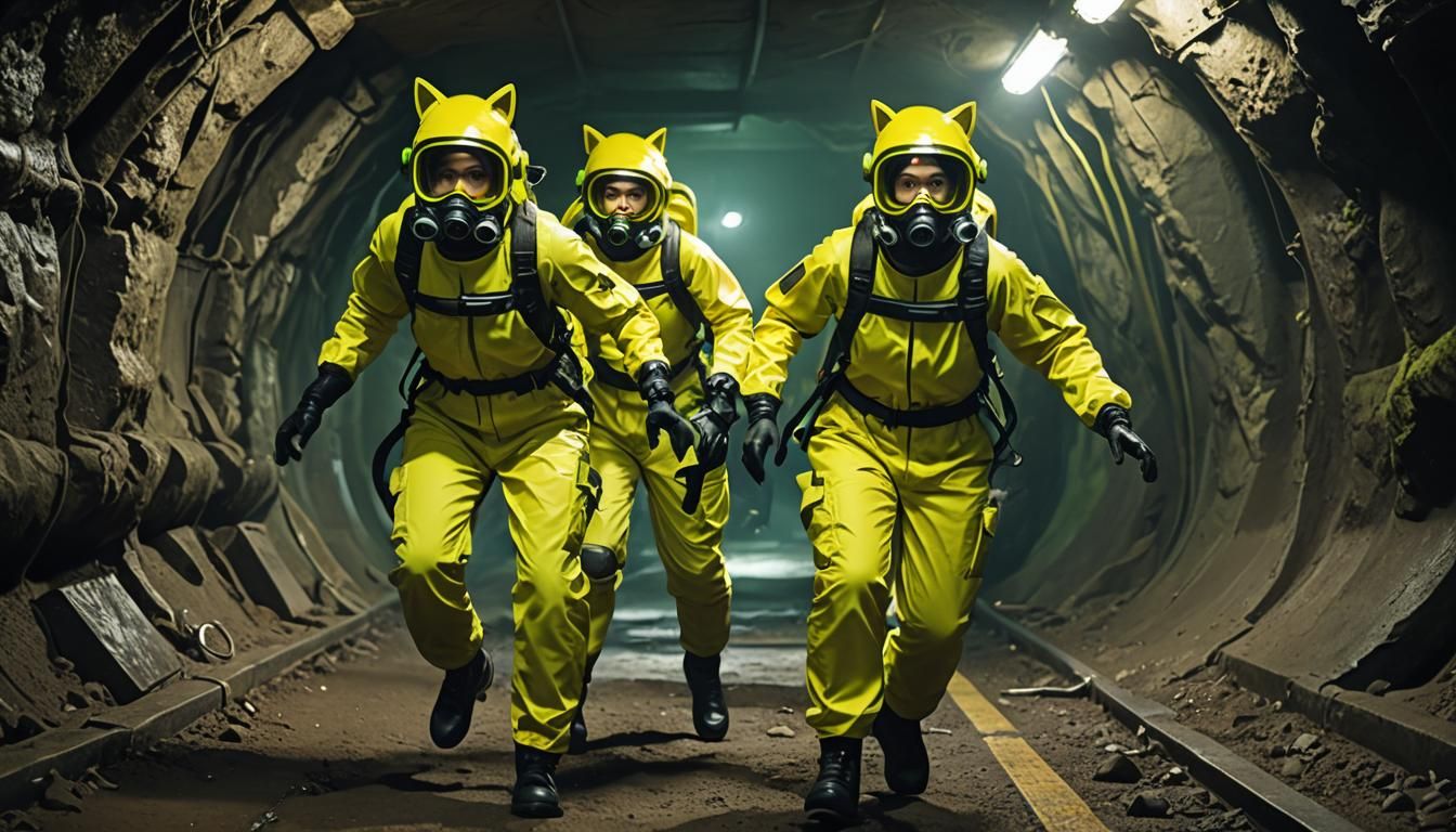 Cat-Eared Woman in Hazmat Suit Running from Tentacles