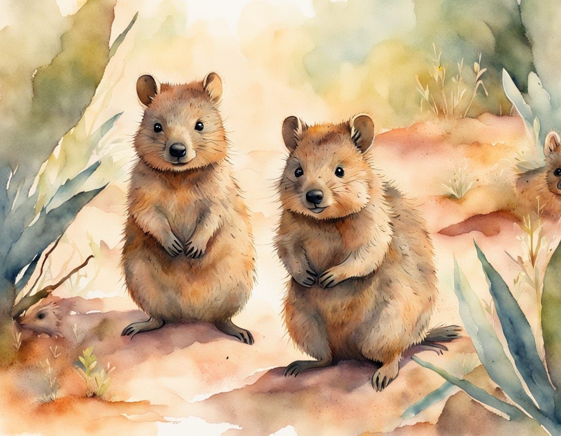 Watercolor Quokkas in Gentle Sunlight