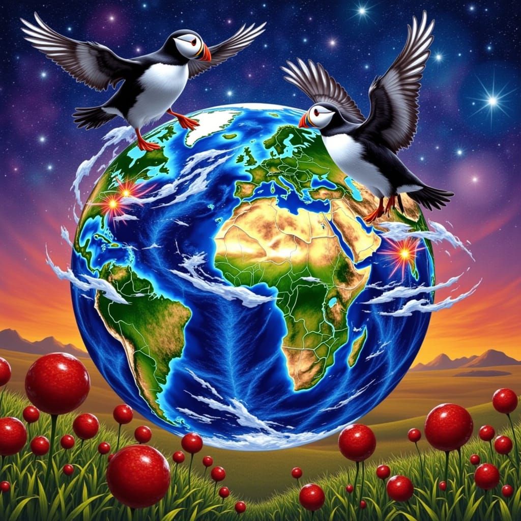 Psychedelic Puffins Bursting from Earth Globe