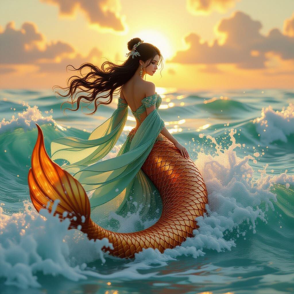 Copper Siren Emerges from Ocean in Ukiyo-e Style