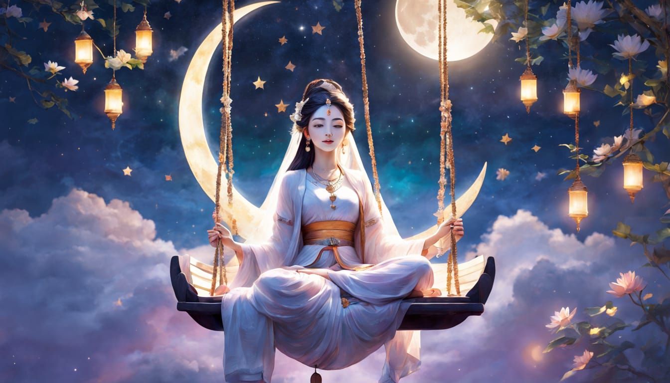 Woman on Crescent Moon Swing in Lotus Position