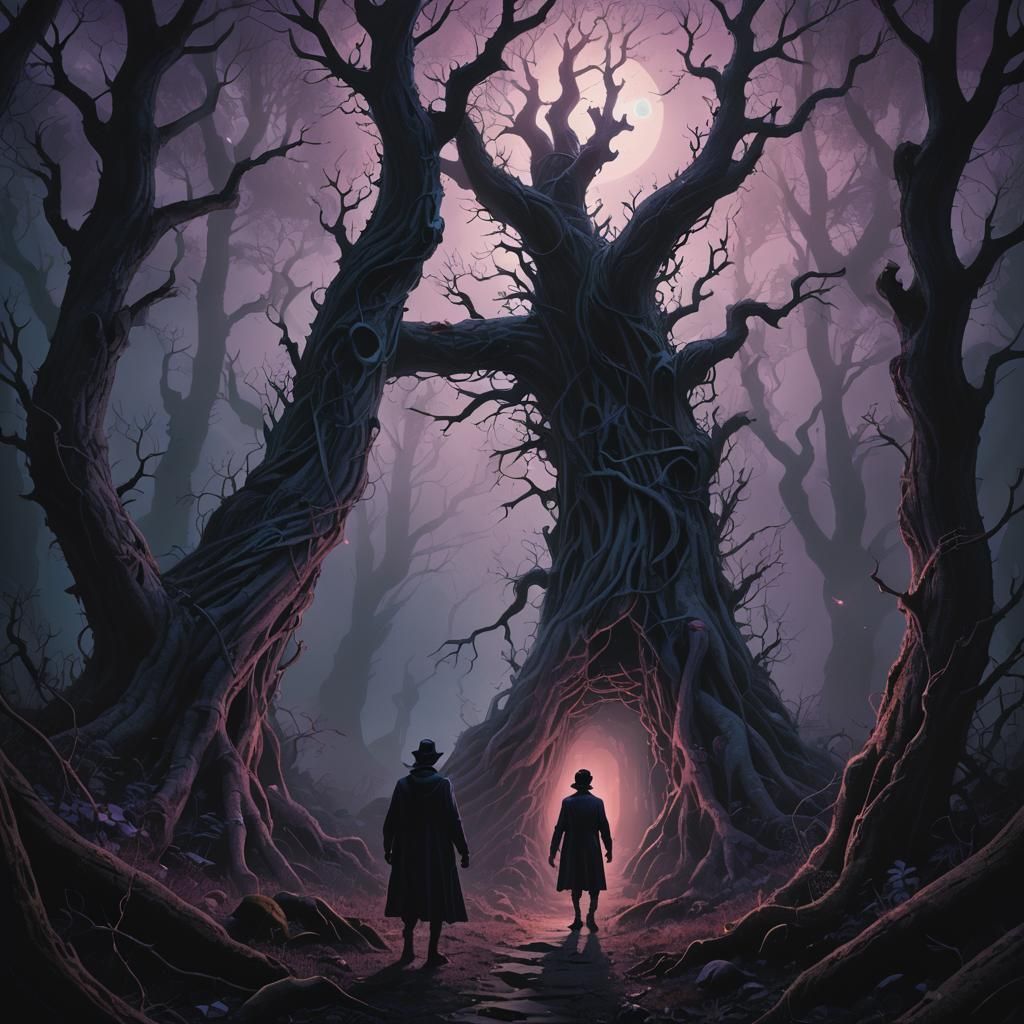 Mysterious Figure Uncovers Doorway in Dark Surrealist Forest