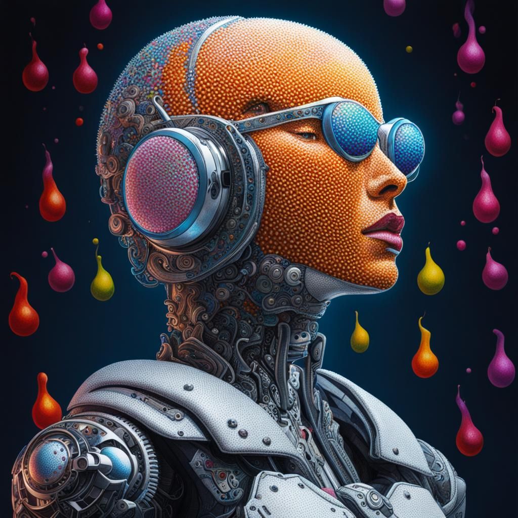 Cyborg in Ice Cream Kinetic Pointillism Style