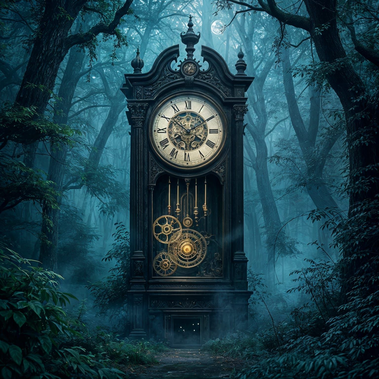Ancient Grandfather Clock in Mystical Forest Clearing