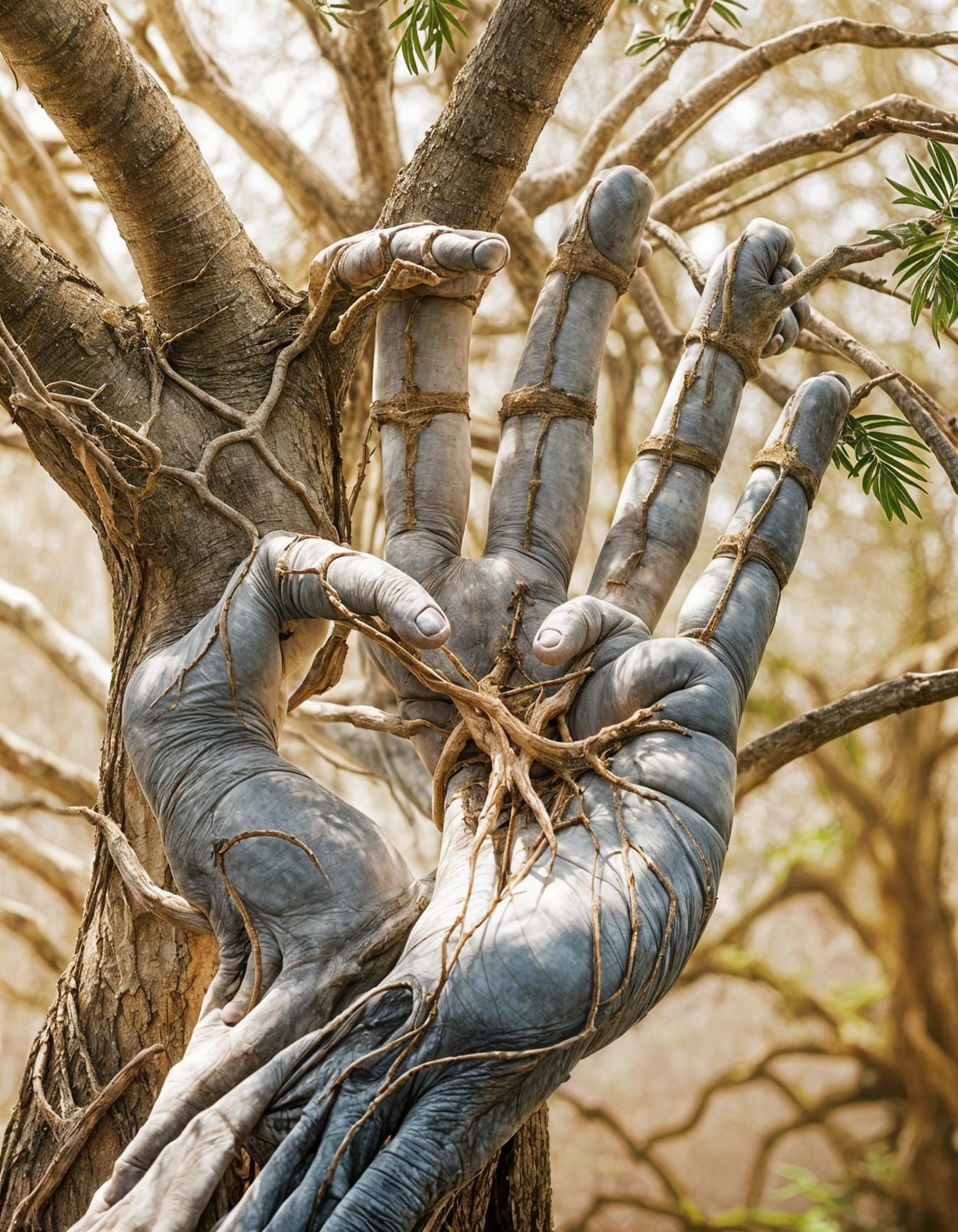 Surreal Tree with Hand Foliage and Bone Roots