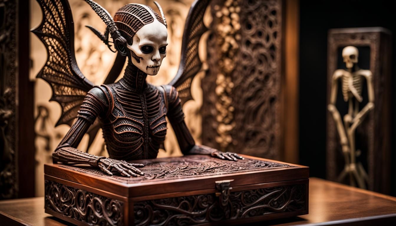 Insectile Bone Dancer in Carved Mahogany Box