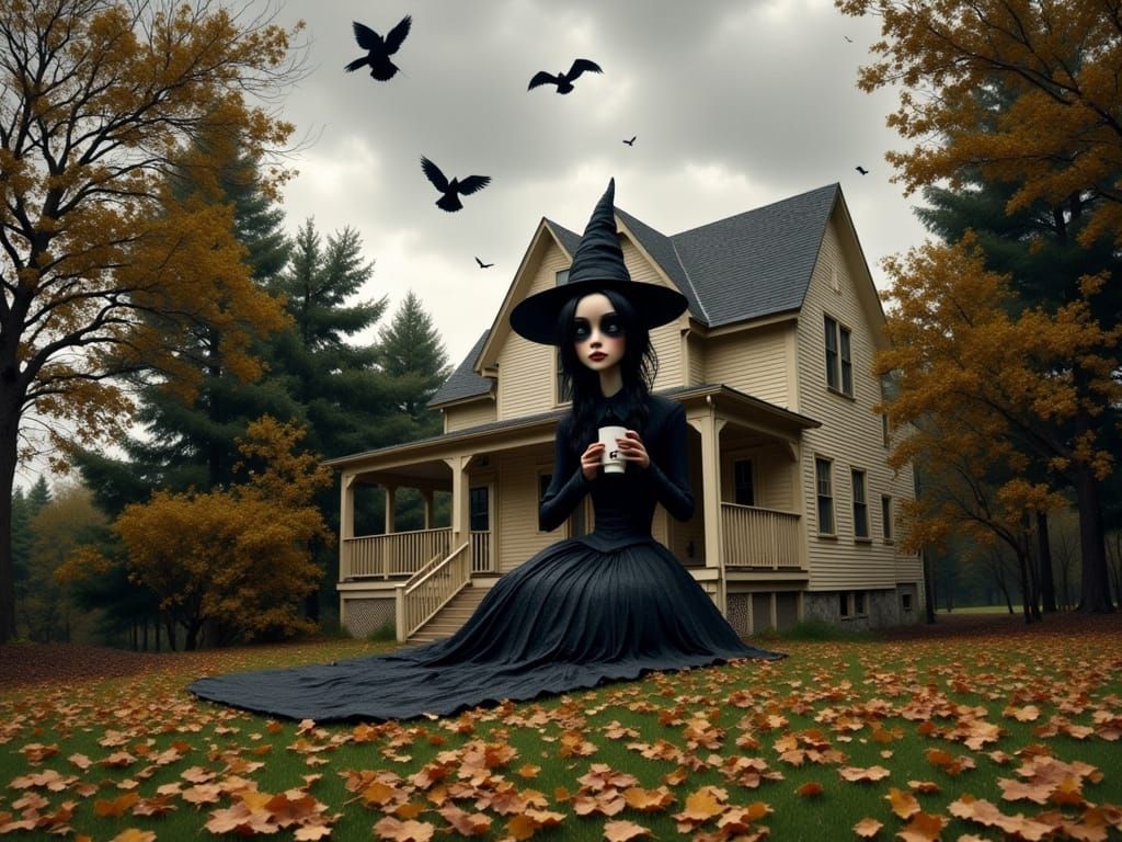 Gothic Witch Enjoys Coffee on Front Porch