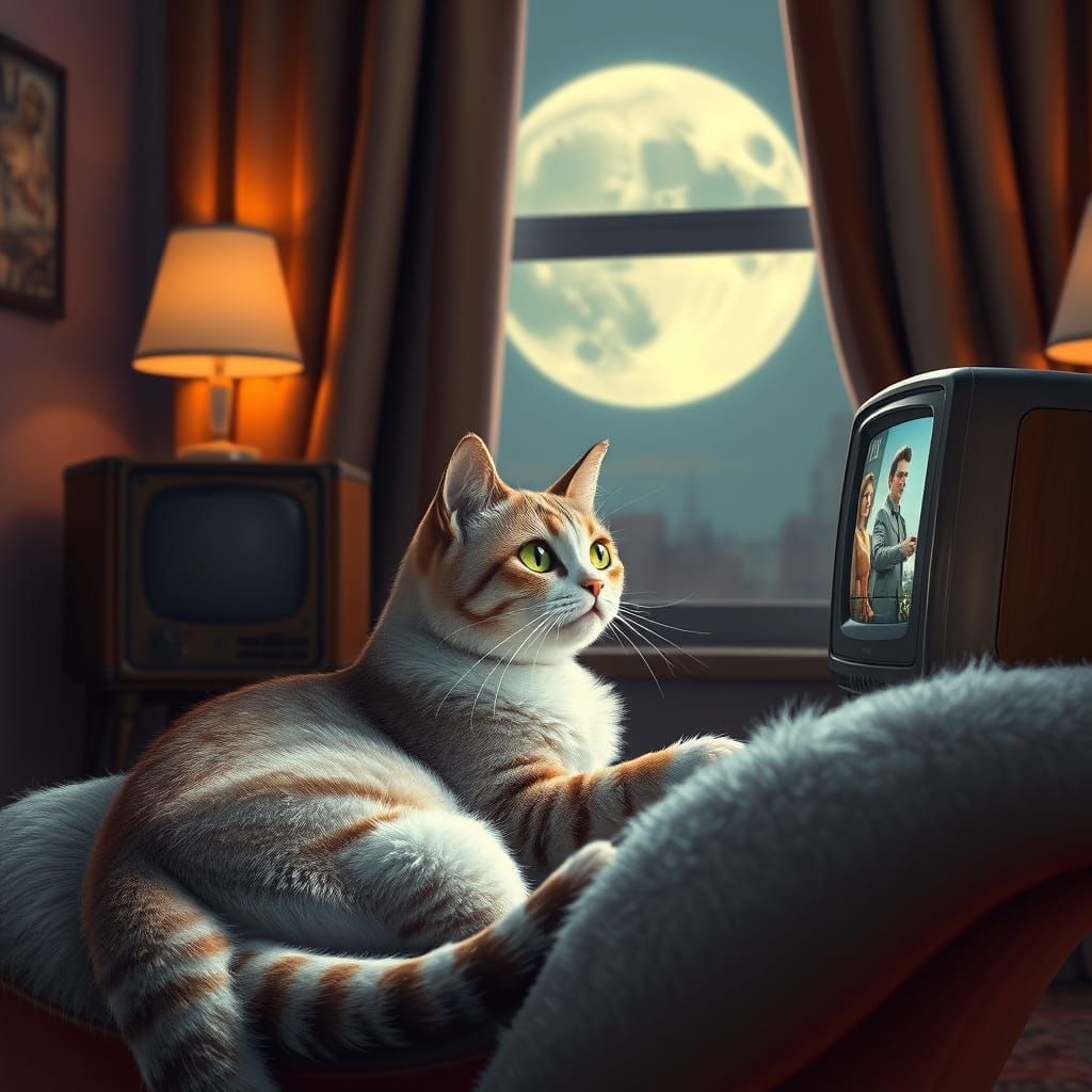 Whimsical Moonlit Cat Watches Classic Film in Plush Armchair