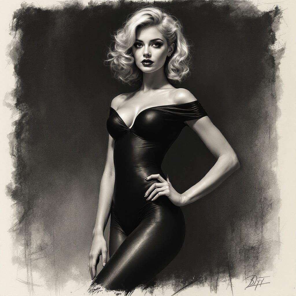 Charcoal Sketch of Confident Woman in Pinup Pose