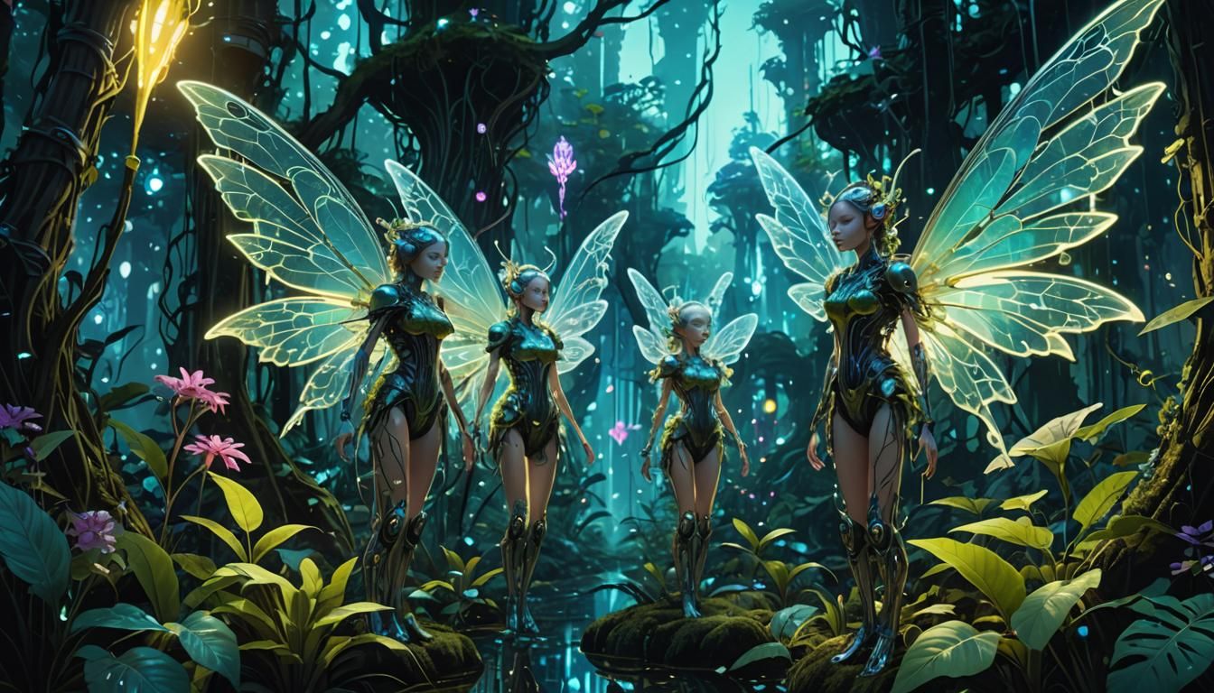 Bioluminescent Biomechanical Fairies in Surreal Forest