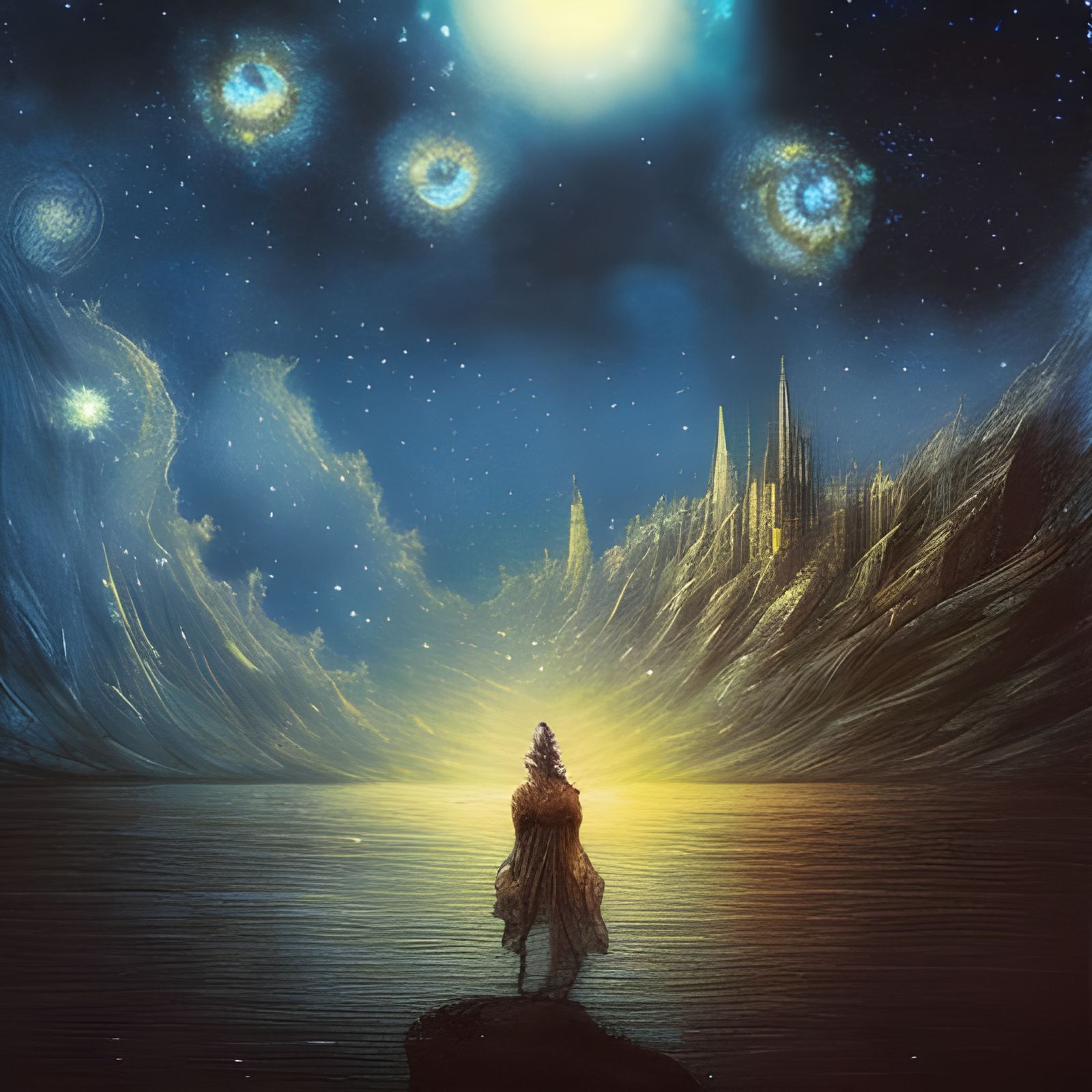 Starry Night Cityscape Reflection in Digital Art