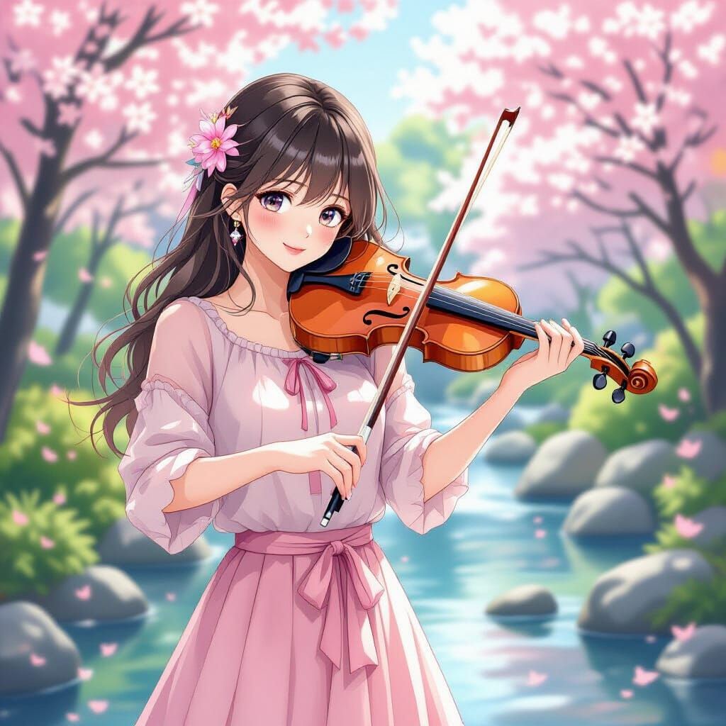 Anime-Style Japanese Violinist in Tokyo Garden