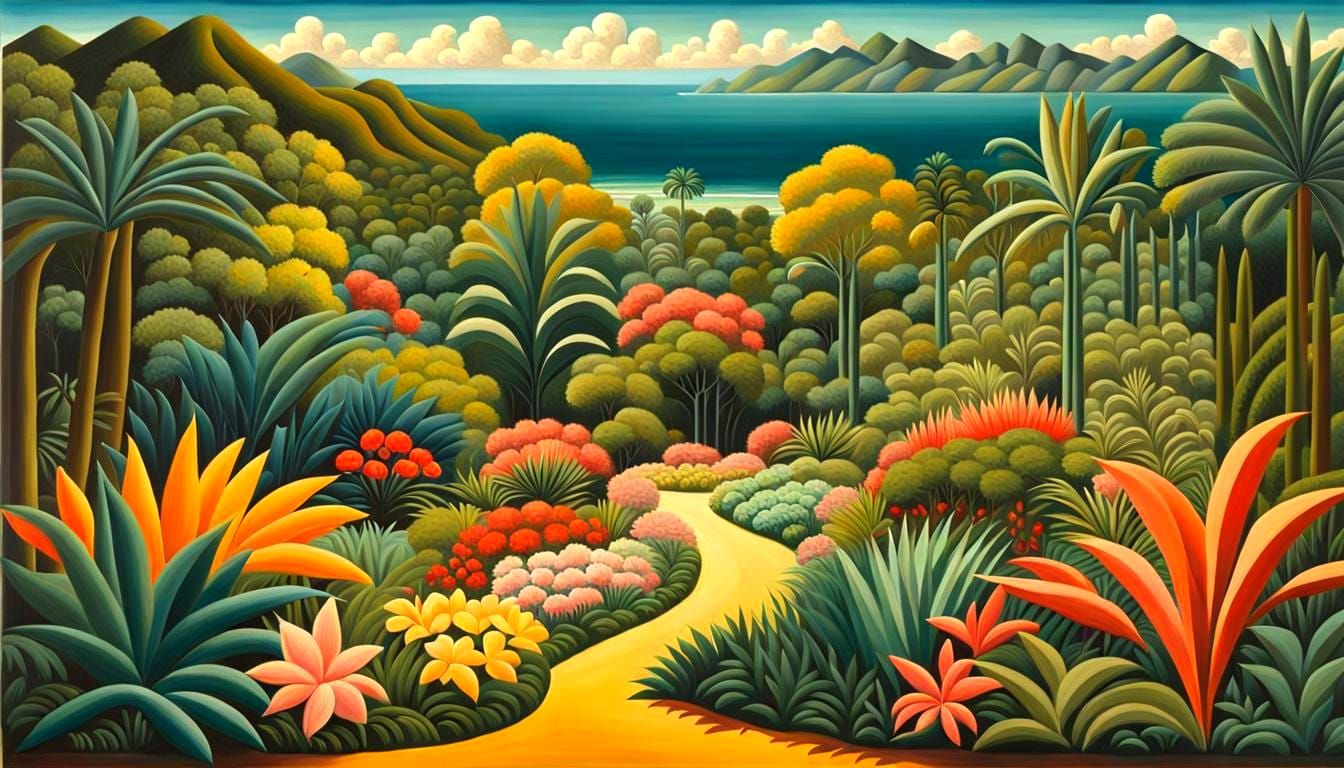 Hawaiian Garden Landscape in Naive Realism Style