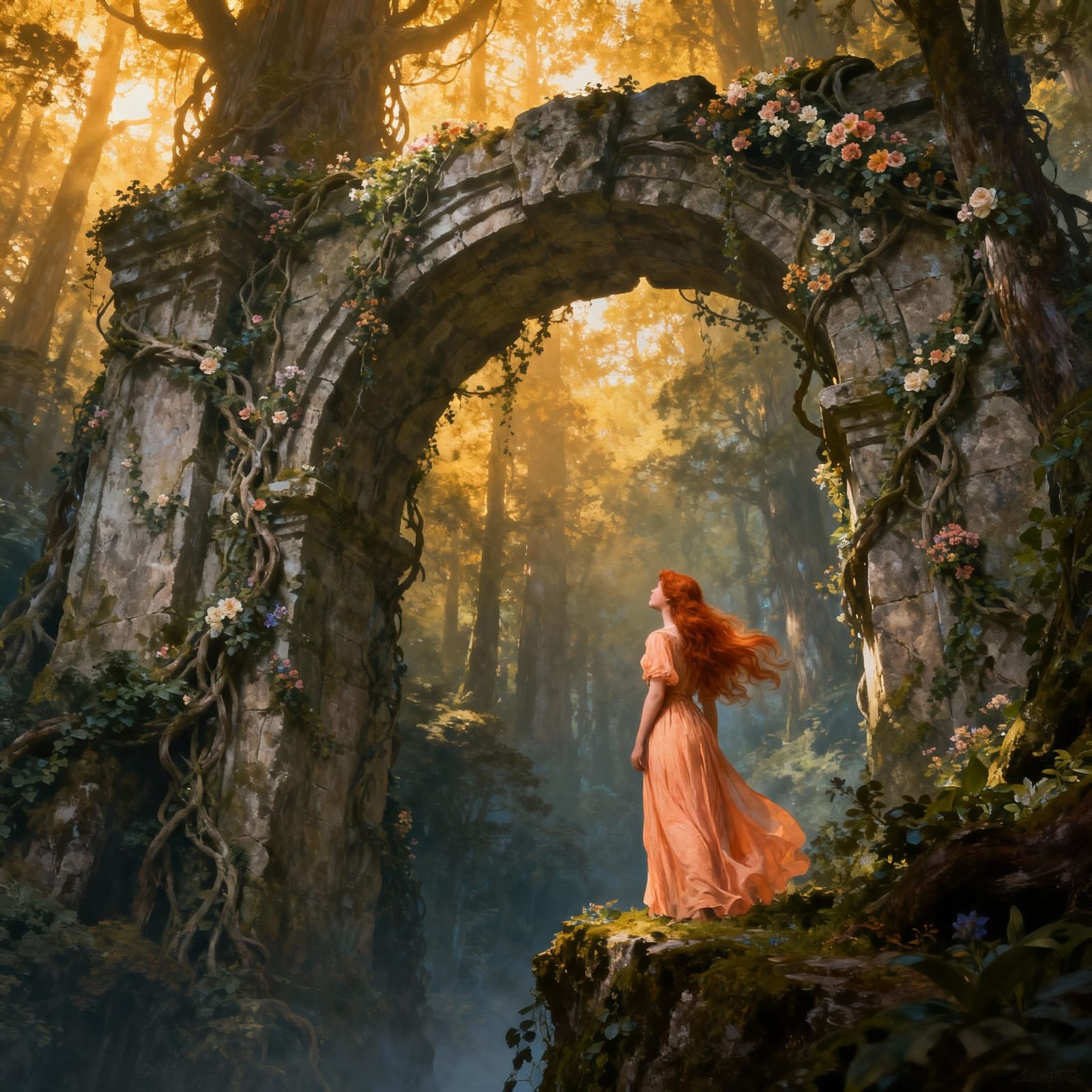 Woman Gazes at Ancient Forest Archway in Digital Matte Paint...