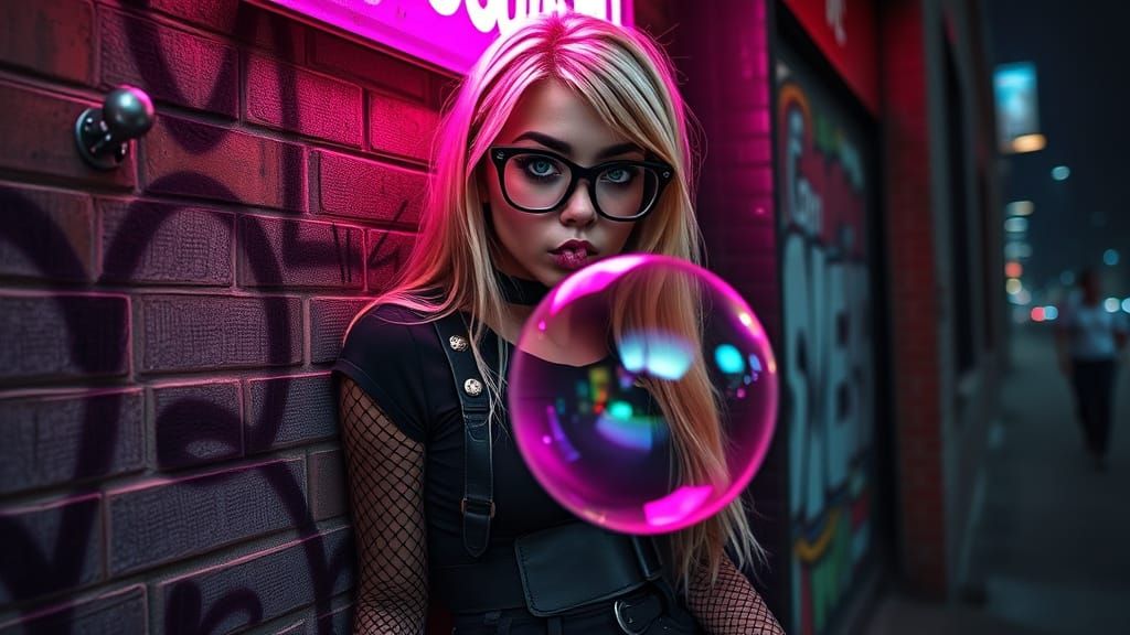 Gothic Woman with Bubblegum in Urban Grunge Style