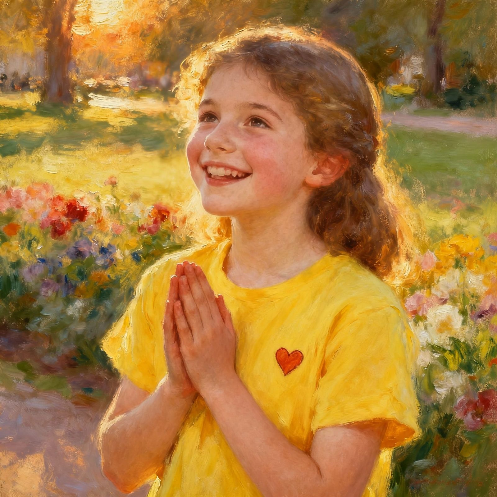 Girl Expressing Gratitude in Golden Hour Park Setting