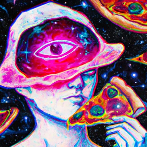 Surreal Pizza Eating You: Astral Cosmic Illustration