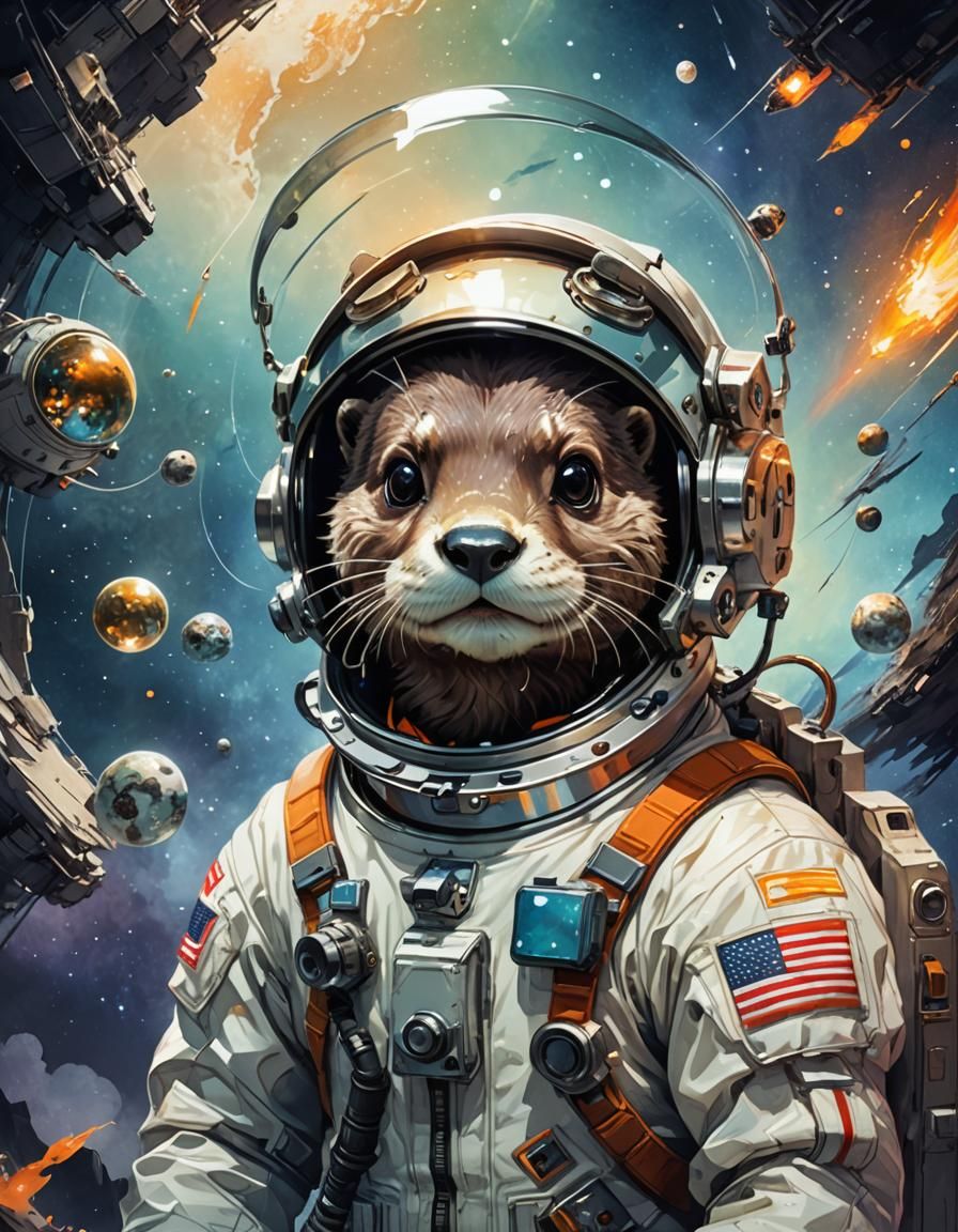 Anime Otter Astronaut Portrait in Watercolor Style