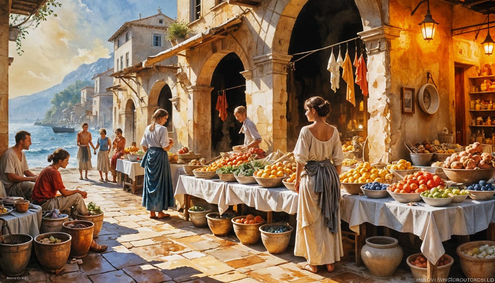 Vibrant Mediterranean Marketplace Watercolor Painting