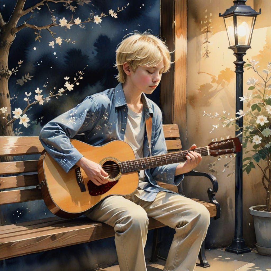 Boy Playing Guitar with Music Notes in Watercolor Style