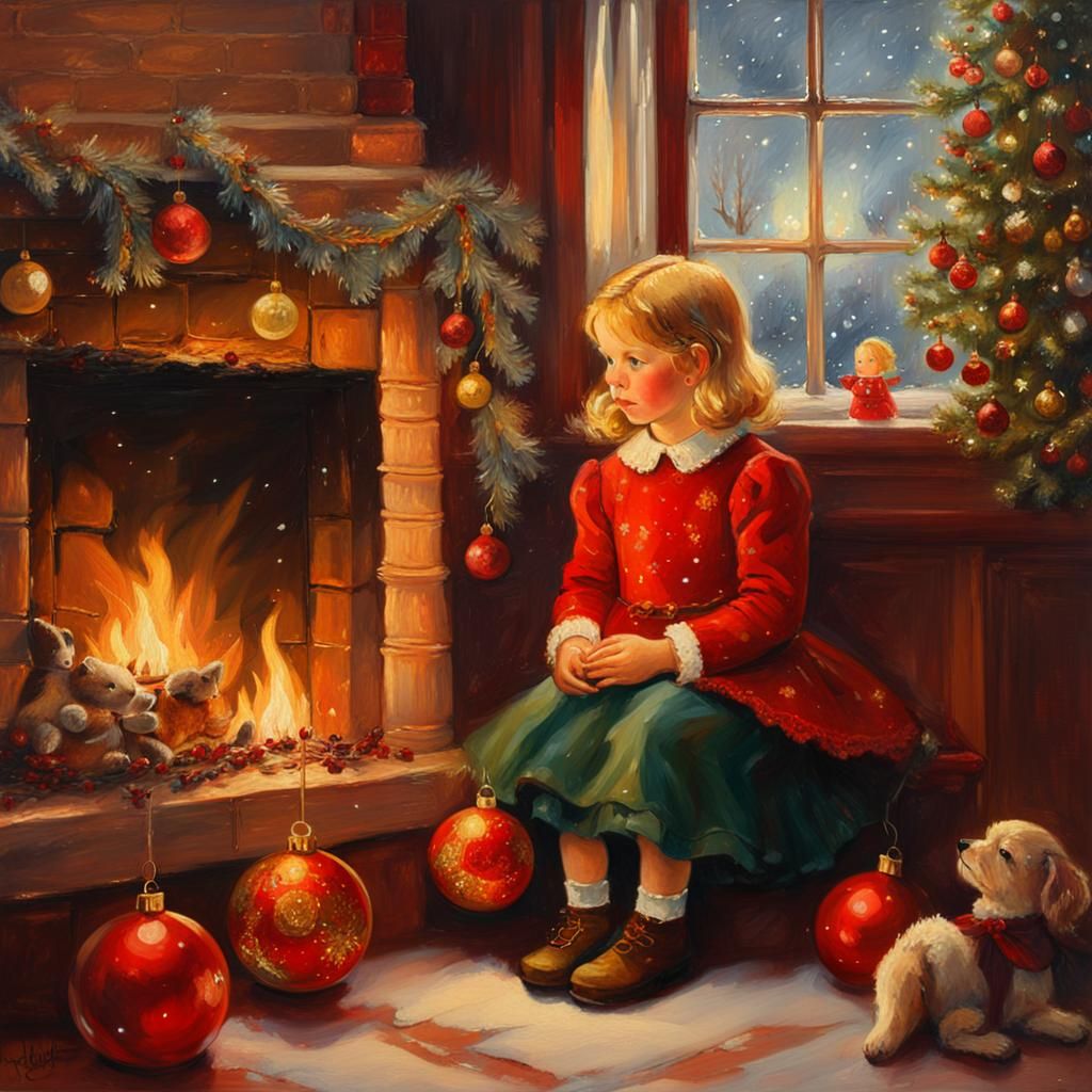 Cozy Christmas Scene by Fireplace, Oil Painting