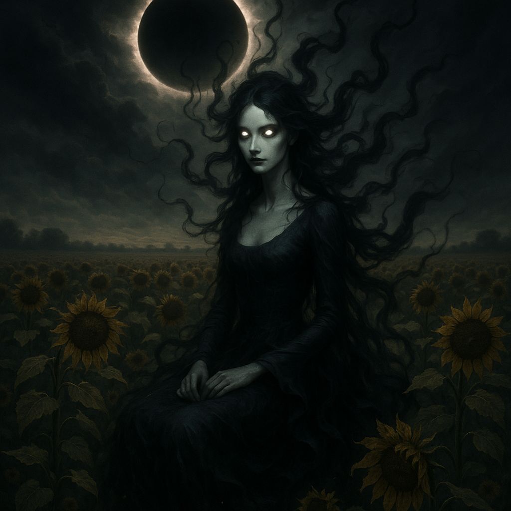 Nightmare in Sunflower Field Under Solar Eclipse
