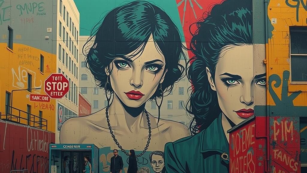 Urban Street Art Mural in Film Noir Style