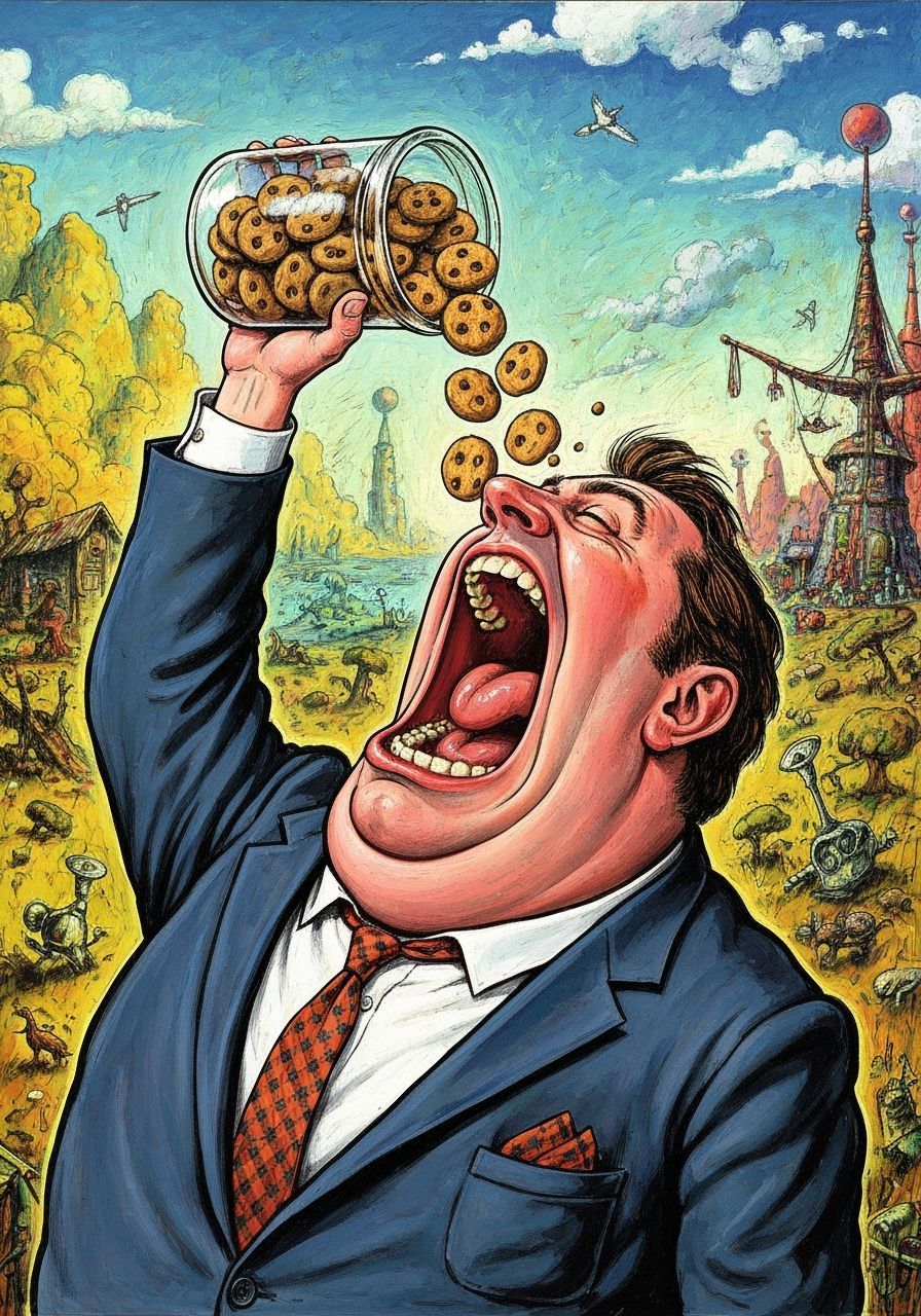 Surreal Man Pours Cookies into Mouth in Chaotic Landscape