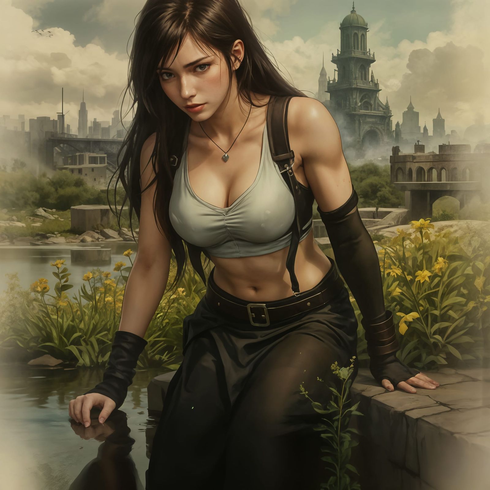 Tifa by the River in Steampunk Watercolor Style