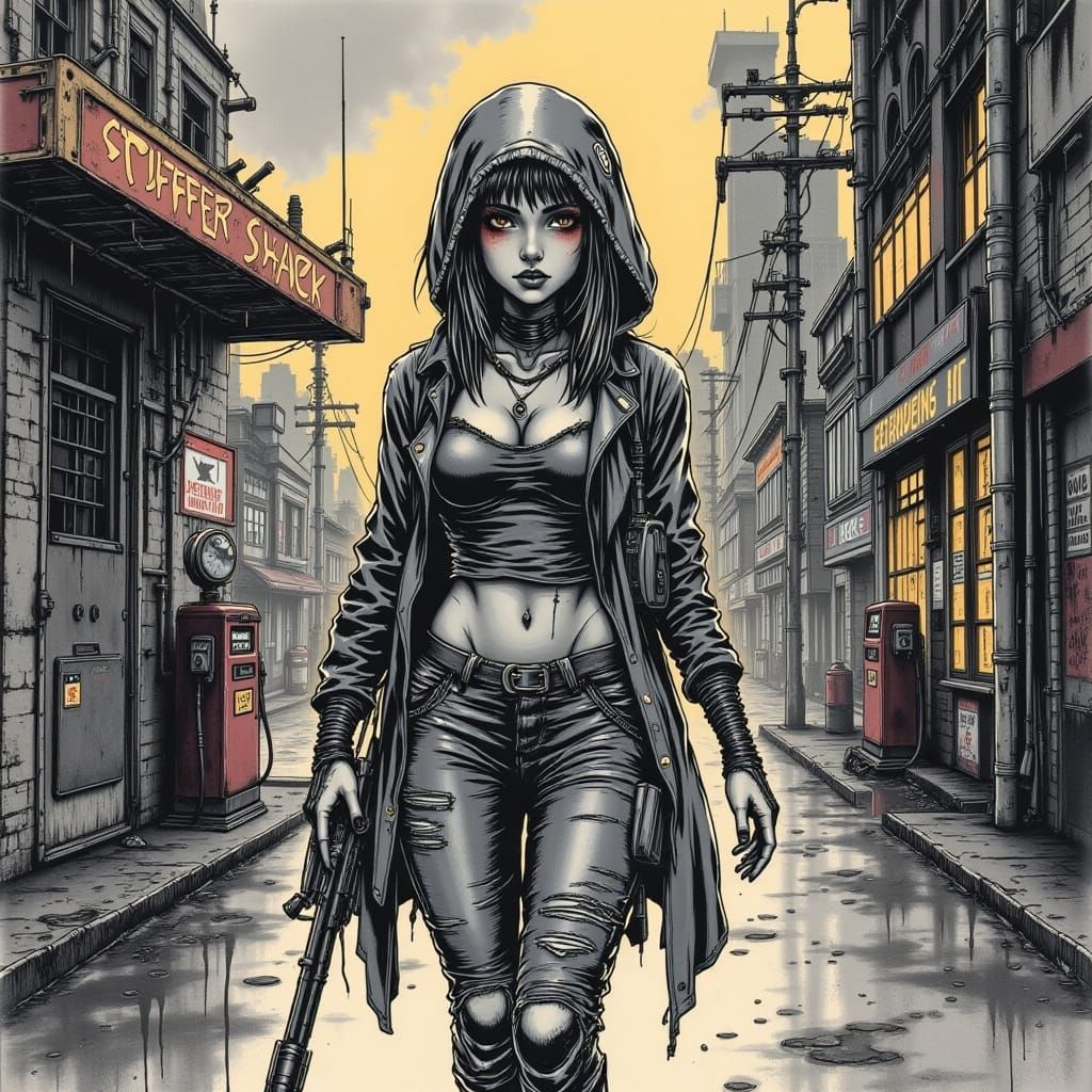 Cyberpunk Woman in Rainy Alley with Rifle