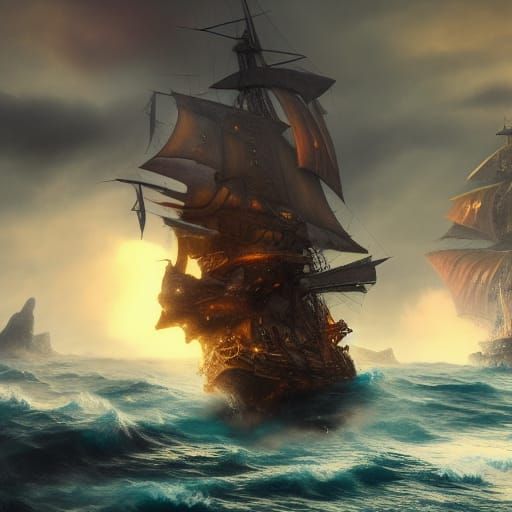 Steampunk Pirate Ships Clash in Stormy Seas