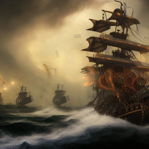 Steampunk Pirate Ship Battle in Stormy Seas