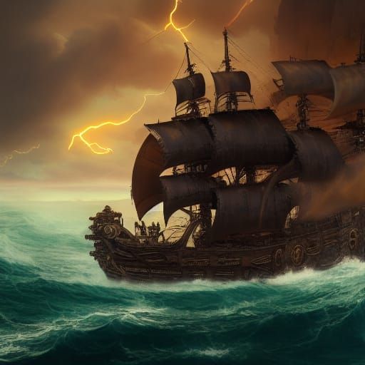 Steampunk Pirate Battle with Lightning and Waves