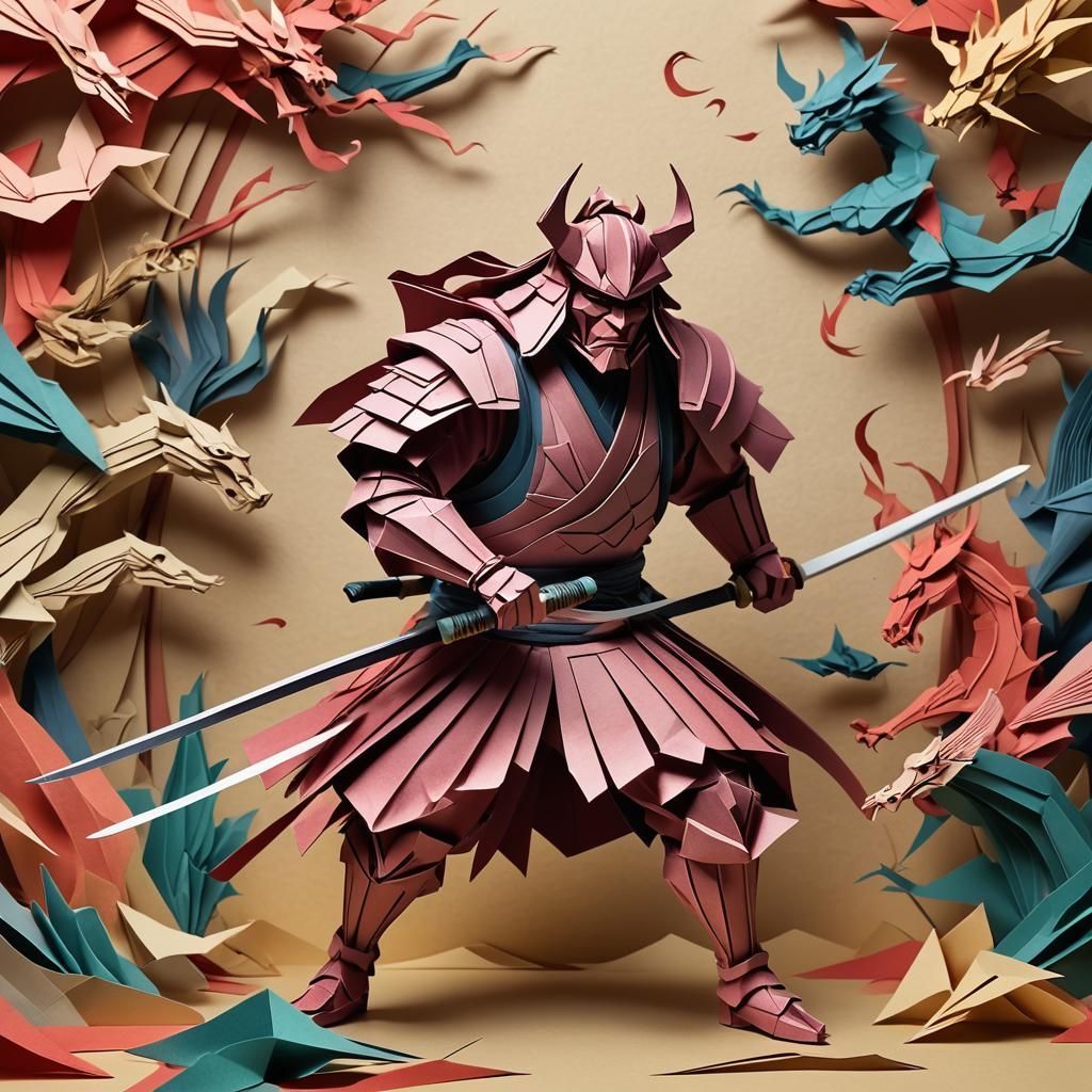 Samurai Warrior Battles Demon in Origami Papercraft Art