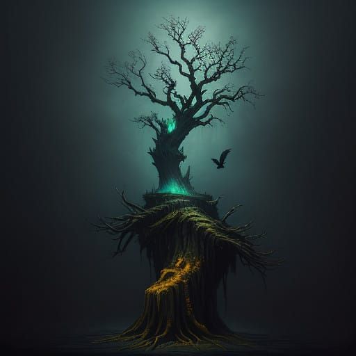 Dark Surrealist Crow Icon on Twisted Tree Stump