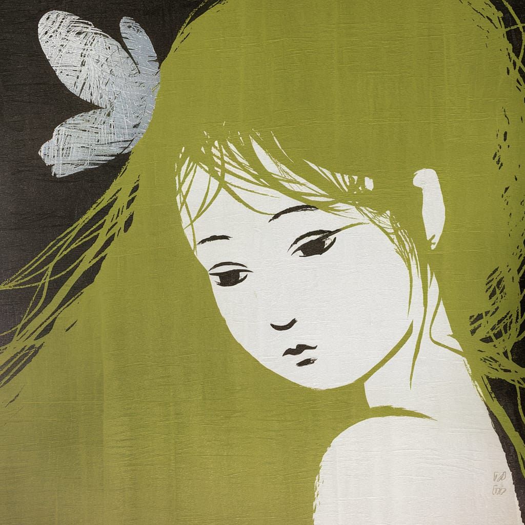 Bright Chartreuse Woman with Silver Butterfly in Her Hair