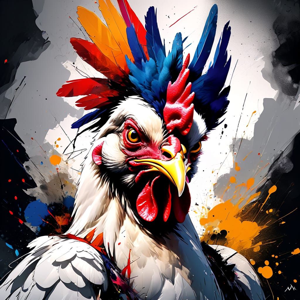 Emotional Grumpy Chicken Portrait in Surrealist Style