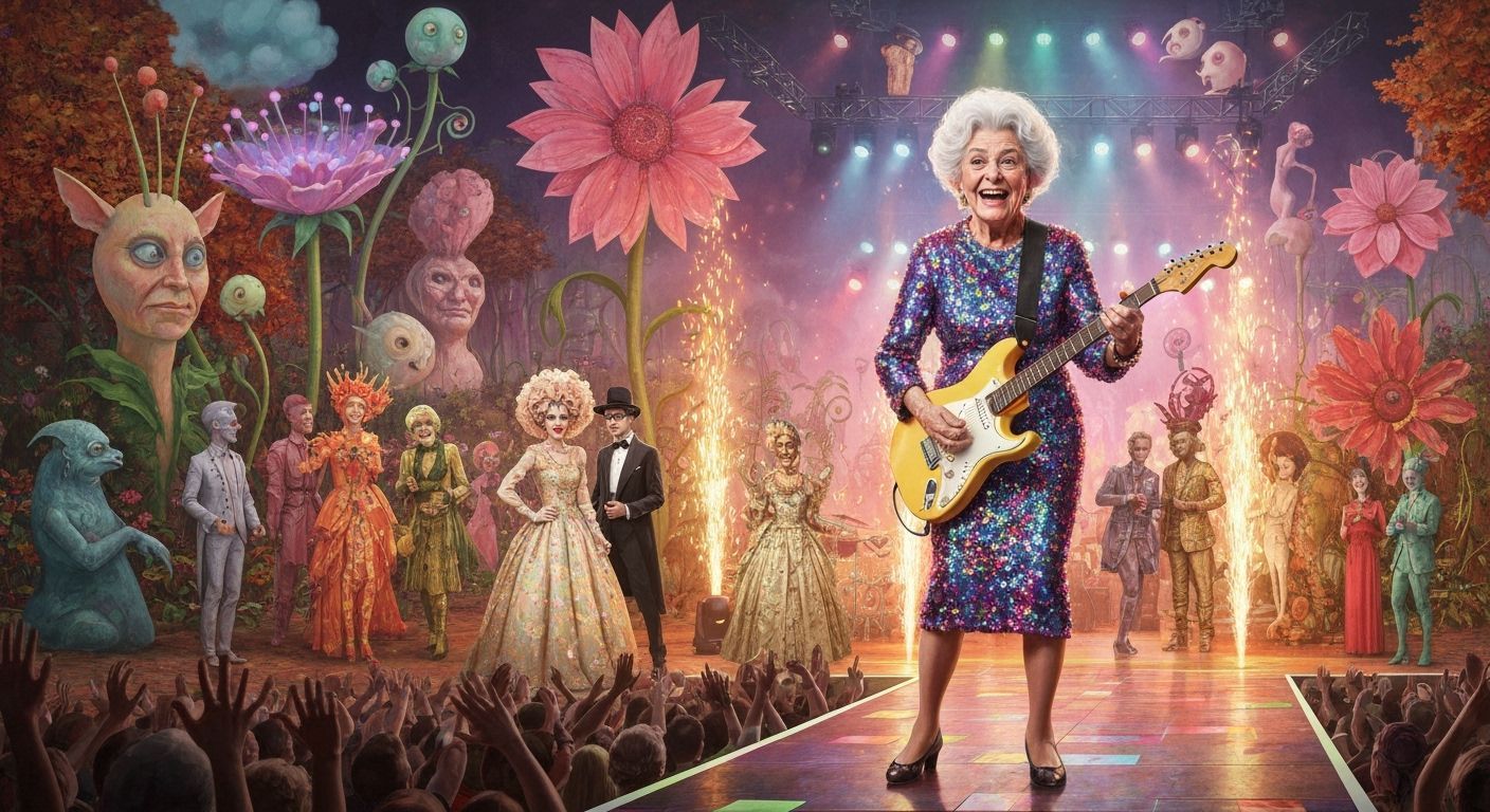 Elderly Woman Shredding Guitar on Stage, Hyperrealistic Styl...