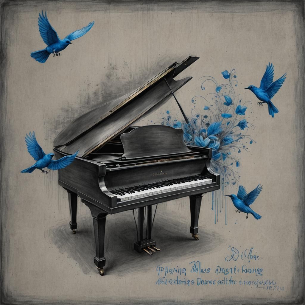 Grand Piano with Blue Bird Charcoal Drawing