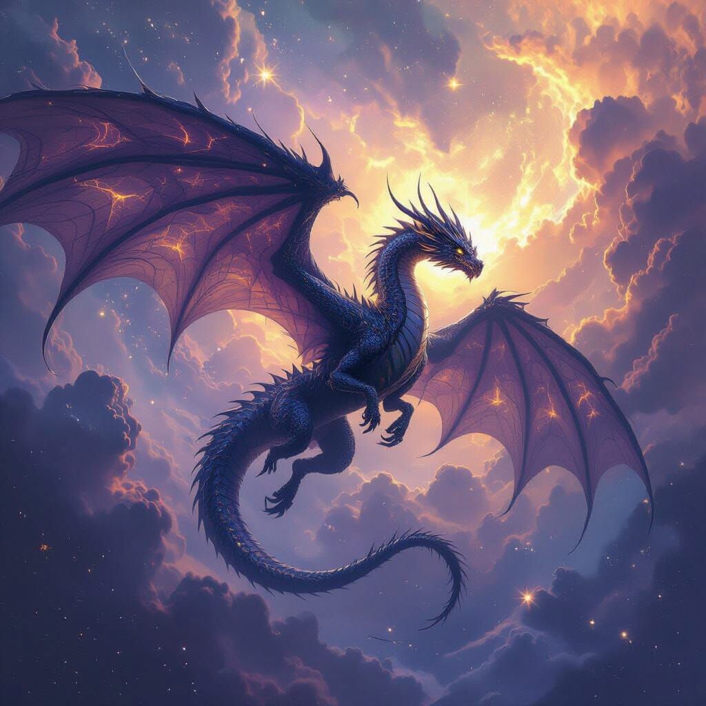 Colossal Obsidian Dragon in Nebula - Dark Fantasy Art